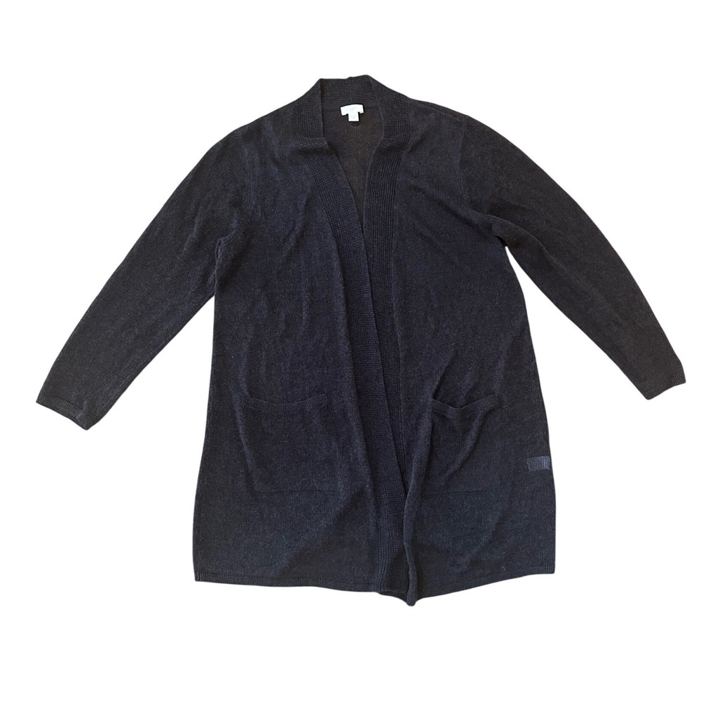 J Jill Linen Blend Long Open Lightweight Cardigan Sweater Navy Blue Sz L Petite
